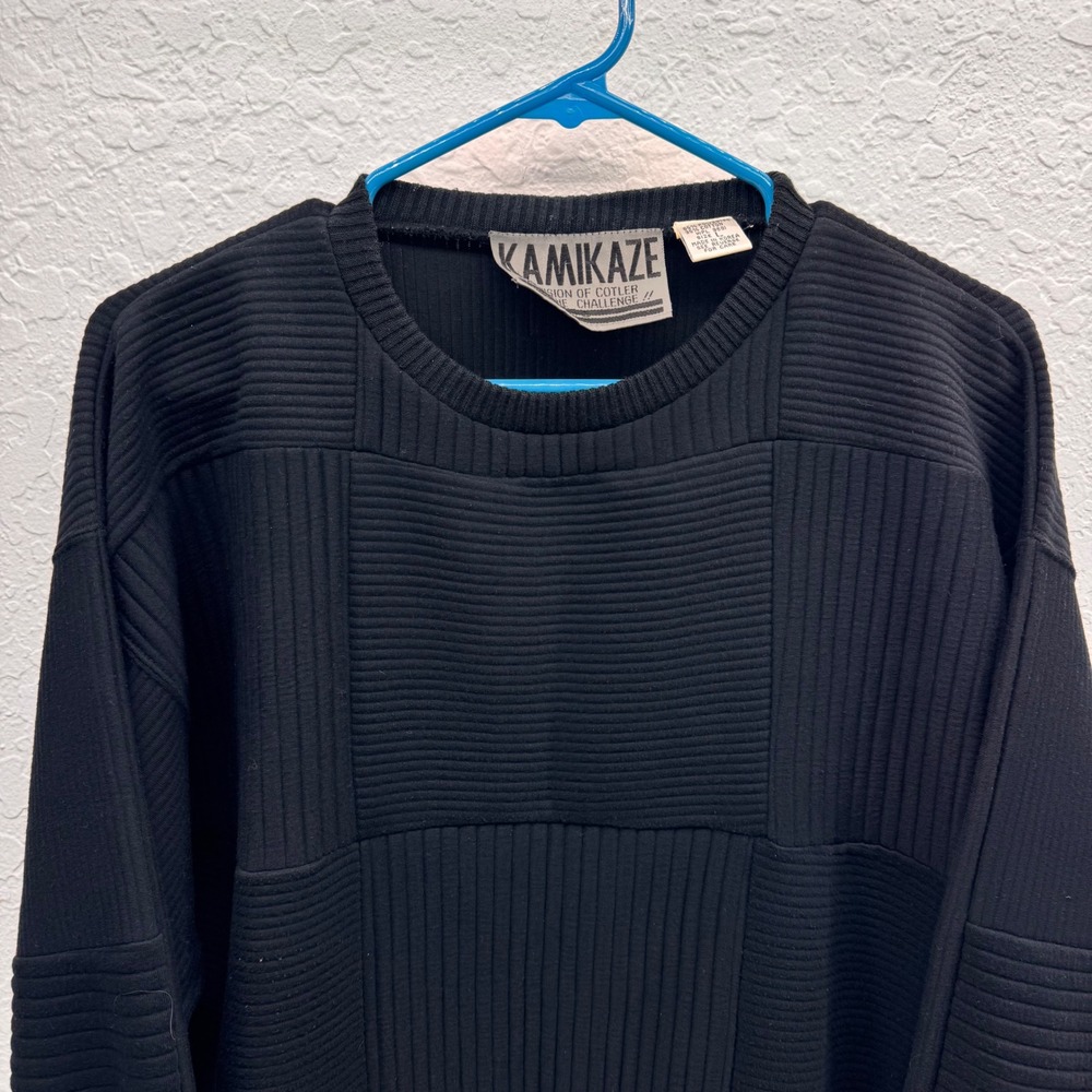 Vintage Kamikaze Cotler Mens Black Ribbed Geometric Textured Sweatshirt Large